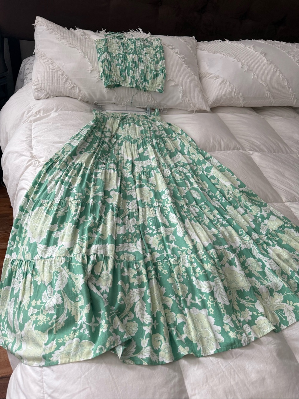 MINKPINK Green and Cream Floral Smocked Maxi Set